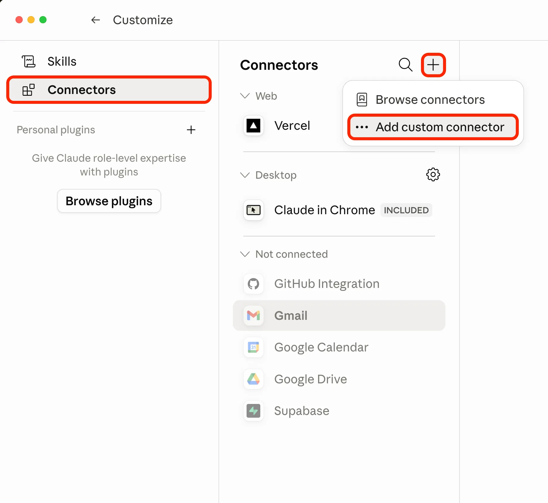 The plus menu in the Connectors panel expanded, showing the Add custom connector option