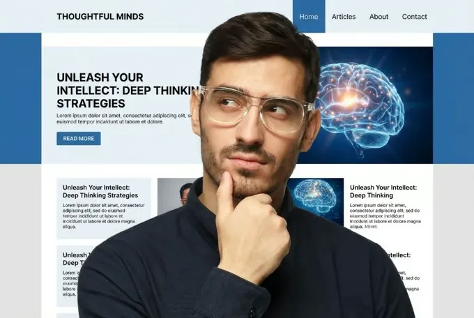 Man with glasses thinking in front of website homepage layout.