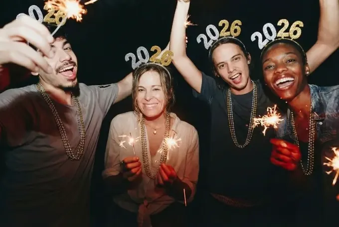 Four friends celebrating New Year’s Eve with sparklers and 2026 headbands.