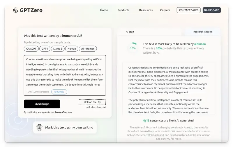 GPTZero user interface screenshot.