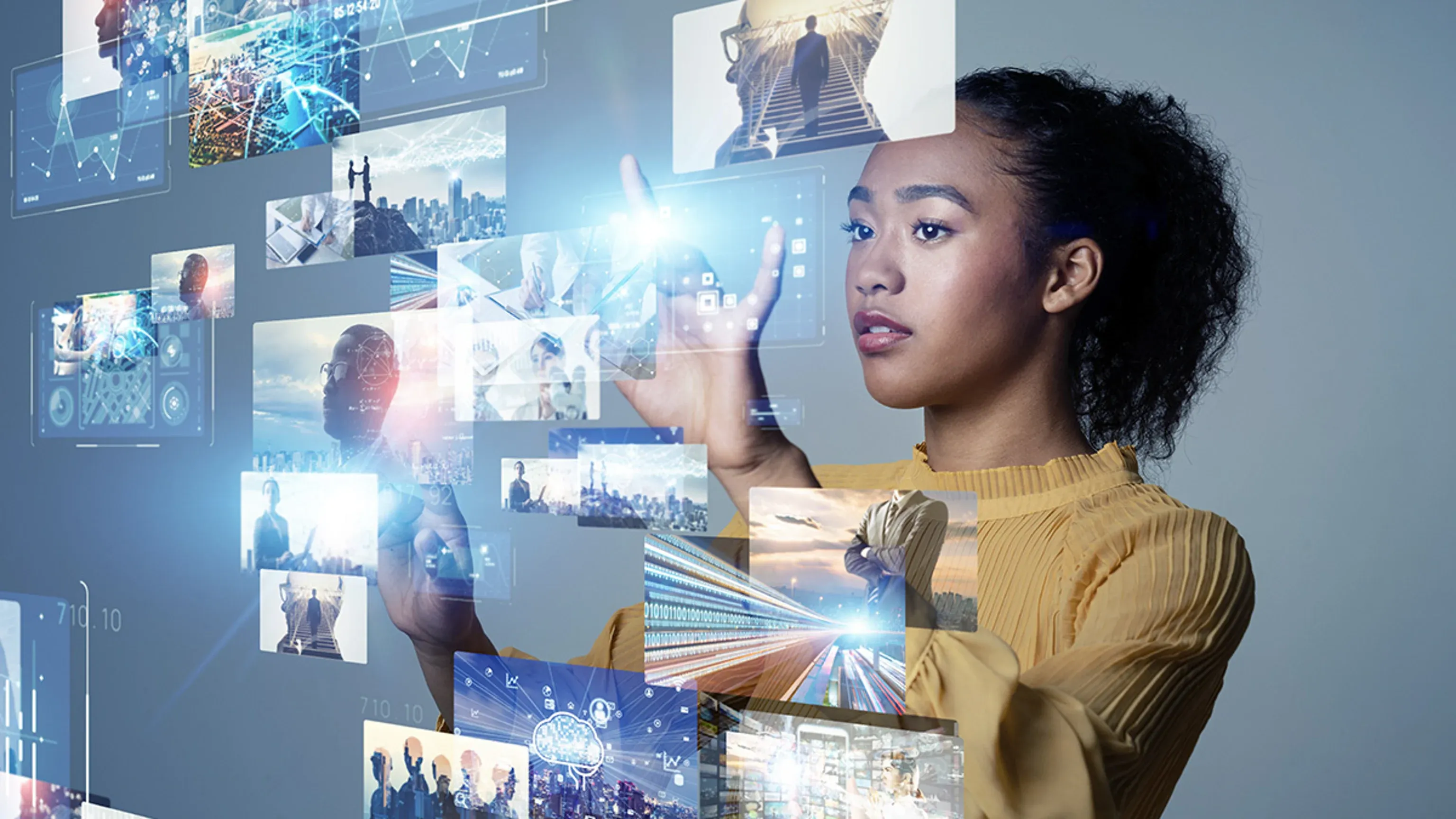 Woman interacting with floating digital screens and AI interface.