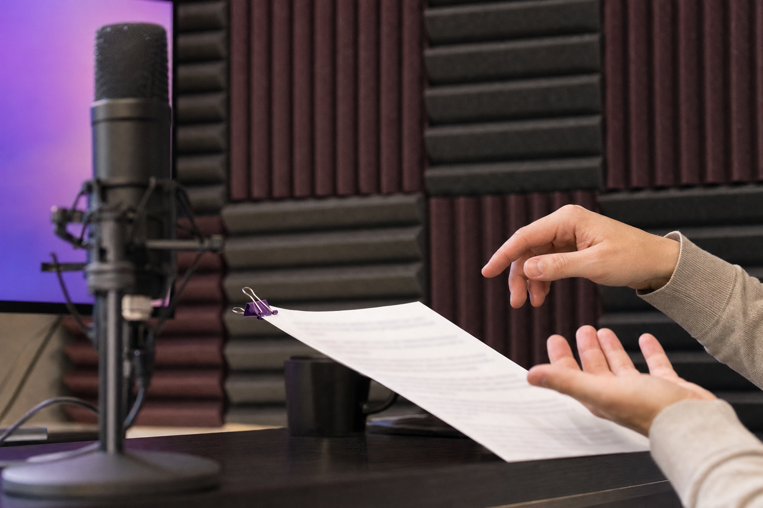 Hands resting over a printed page beside a condenser microphone in a sound-treated booth with purple-toned foam panels.