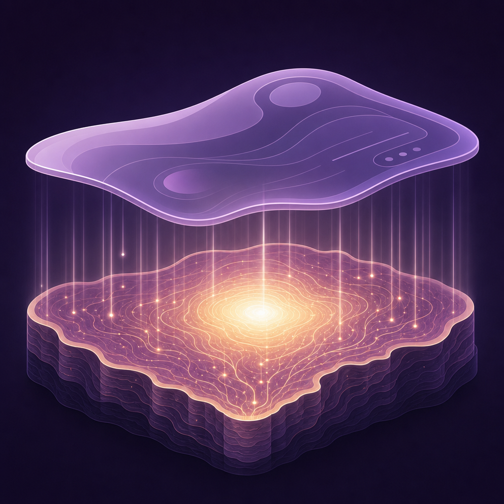 Stylized cutaway illustration showing a thin branded wrapper layer floating above a glowing intelligence core layer below
