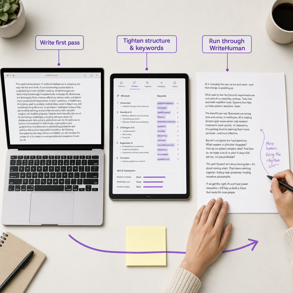 Overhead desk scene showing a three-step workflow: drafting on a laptop, editing on a tablet, then humanizing output on scree